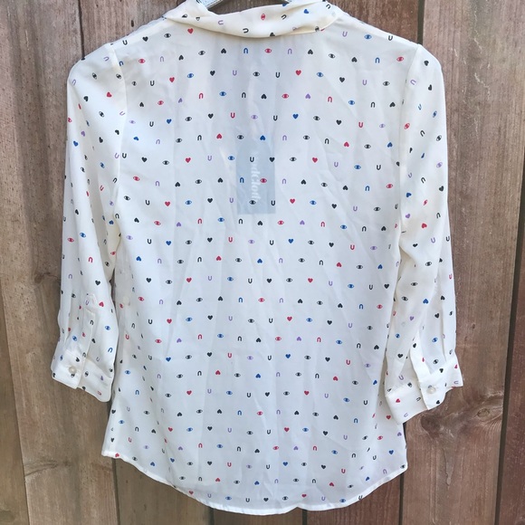 NWT ModCloth Eye Heart U You Pleasant Confidence Tie Neck Blouse Ivory I Love U - Picture 3 of 12